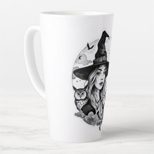 Tasse Latte Sorcière avec un chat et un hibou - Amusement pour