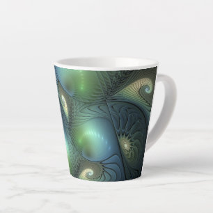 Tasse Latte Spirales Turquoise Beige Vert Abstrait Fractal Art