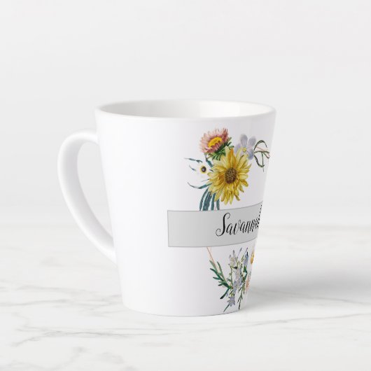 Tasse Latte Sunflower Daisy Peint Floral Monogramme Nom (Angle gauche)