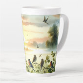 Tasse Latte Sunrise Church with Birds in Misty Meadow No Verse (Angle droit)