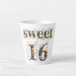 Tasse Latte Sweet 16 Joyeux Anniversaire Fleur sauvage Texte