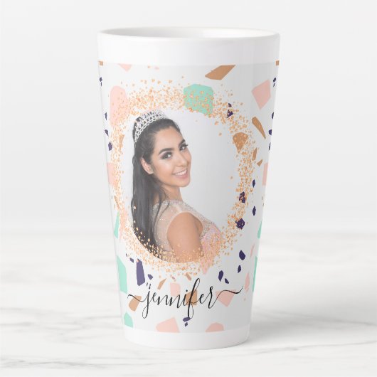 Tasse Latte Terrazzo rose or menthe blanc nom photo script (Devant)