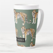 Tasse Latte Tigres d'aquarelle verte tropicale Motif avec nom (Angle droit)
