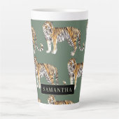 Tasse Latte Tigres d'aquarelle verte tropicale Motif avec nom (Devant)