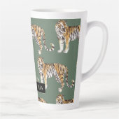 Tasse Latte Tigres d'aquarelle verte tropicale Motif avec nom (Droite)