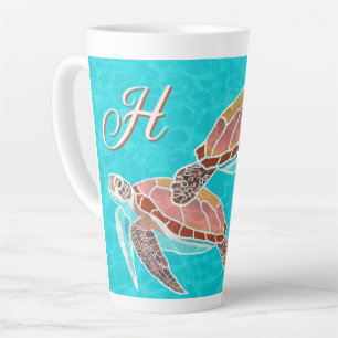 Tasse Latte Tortues de mer Aqua Monogramme Illustré