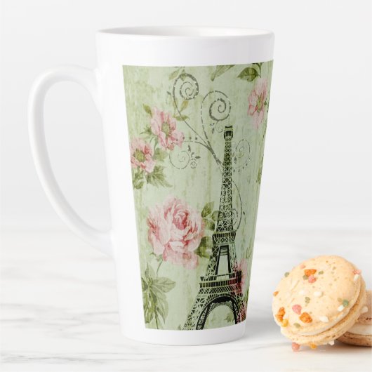 Tasse Latte tour de l' eiffel de paris à fleurs roses de print (En situation)