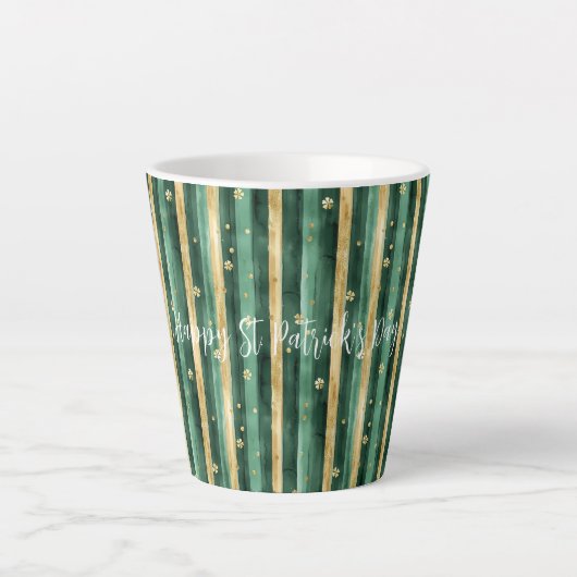Tasse Latte Trèfle Vert Or Rayures de la Saint-Patrick (Devant)