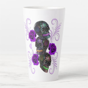 Tasse Latte Triple Jour Noir Des Crânes Morts Roses Violets