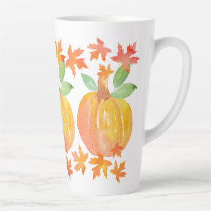 Tasse Latte Trois Citrouilles d'aquarelle et Feuilles d'érable