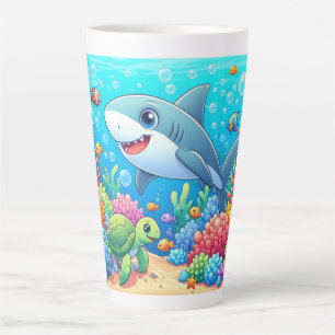 Tasse Latte Tropical/Hawaii requin et tortue sous l'eau coloré