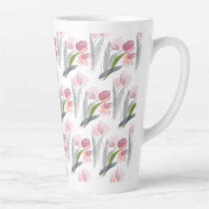 Tasse Latte Tulipes rose saumon feuilles vert sauge gris Blanc