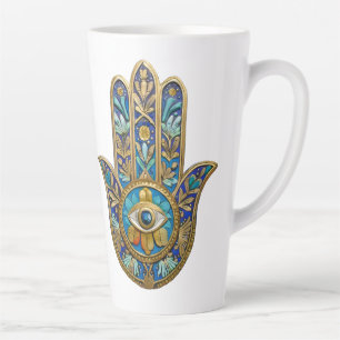 Tasse Latte Turquoise Bleu Or Hamsa Saphir Troisième Œil