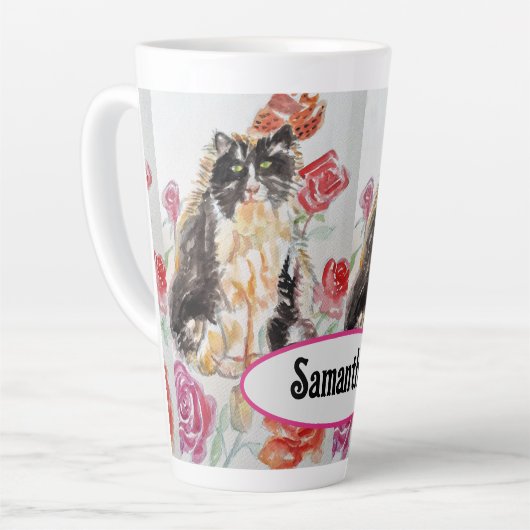 Tasse Latte Tuxedo Chat Cute Rose Fleurs Chats Aquarelle Rose (Angle gauche)