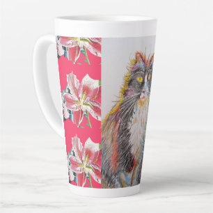 Tasse Latte Tuxedo Peint à la main Chat floral rouge latte Mu