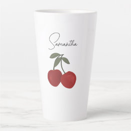 Tasse Latte Two Red Cherries Illustration | Cute Fruit Art
