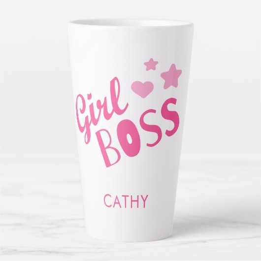 Tasse Latte Typographie Fun Boss Personnalisée Fille Rose (Devant)