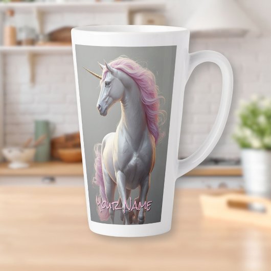 Tasse Latte Unicorne blanche personnalisée avec Mane rose
