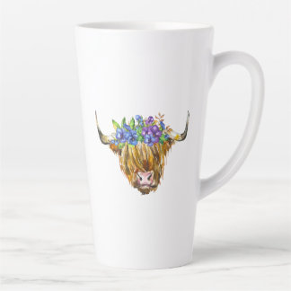 Tasse Latte Vache écossaise avec fleurs Aquarelle