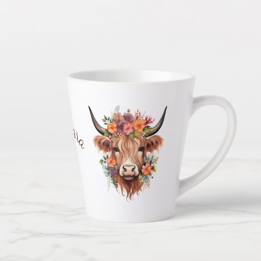 Tasse Latte Vache Highland moderne avec design de fleurs Boho (Droite)