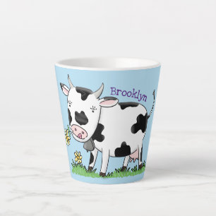 Tasse Latte Vache mignonne en vert dessin animé sur le terrain