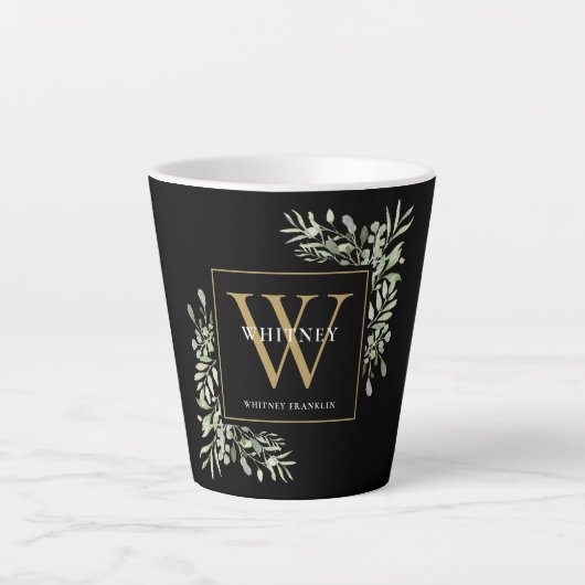 Tasse Latte Verdure moderne Monogramme or Élégant latte noir (Devant)