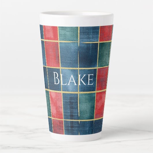 Tasse Latte Vert Bleu Rouge Or Carreaux Rayures (Devant)