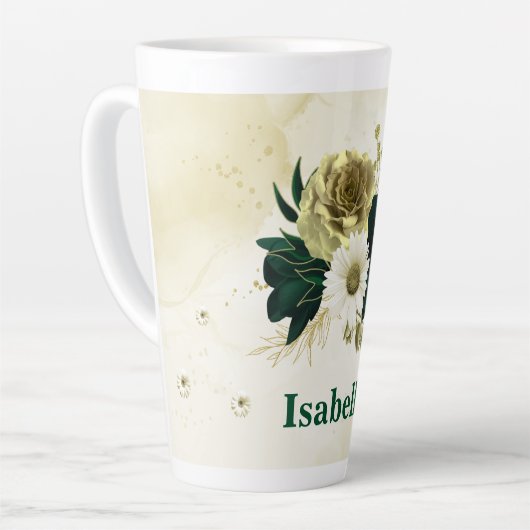 Tasse Latte Vert émeraude fleurs or monogramme ivoire (Angle gauche)