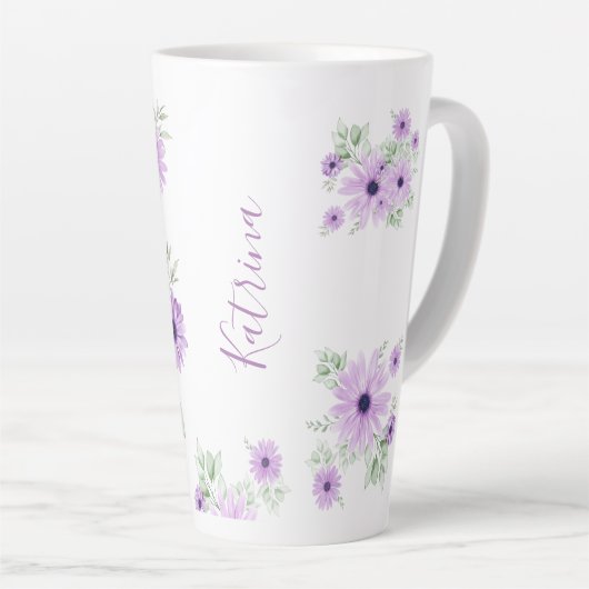 Tasse Latte Vert violet personnalisé, Fleurs aquarelles (Angle droit)