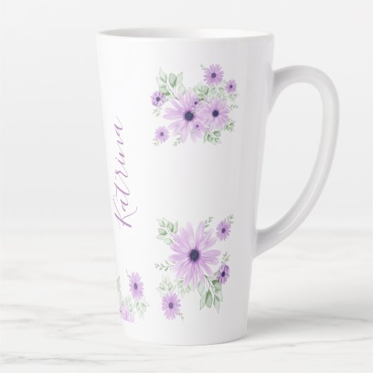 Tasse Latte Vert violet personnalisé, Fleurs aquarelles (Droite)