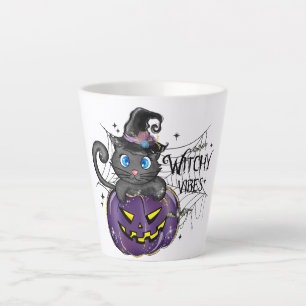 Tasse Latte Vibes de cuisine - Chat noir sur Jack-O-Lantern vi