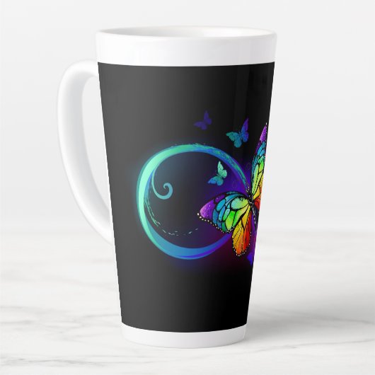 Tasse Latte Vibrant infinity with rainbow butterfly on black (Angle gauche)