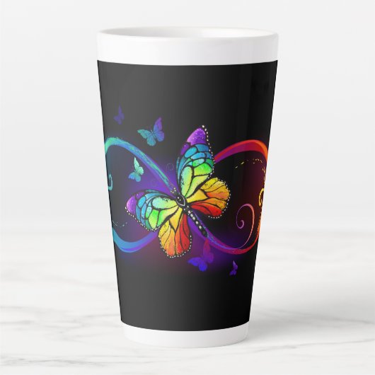 Tasse Latte Vibrant infinity with rainbow butterfly on black (Devant)