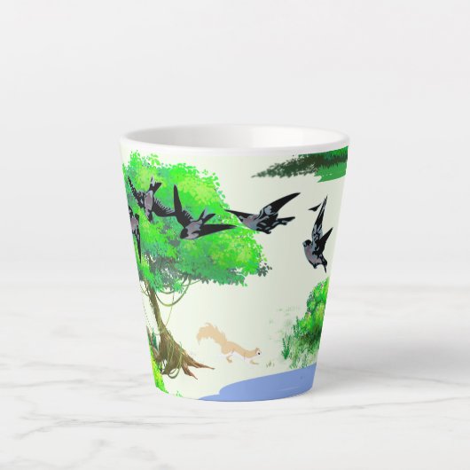 Tasse Latte Vie forestière printanière avec oiseaux et écureui (Devant)