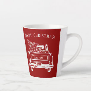 Tasse Latte Vintage Truck Arbre de Noël Nom Rouge