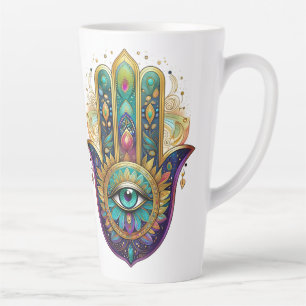 Tasse Latte Violet Vert Or Pétales Hamsa Turquoise Troisième Œ