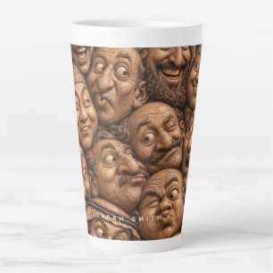 Tasse Latte Visages en Bois Sculpté Motif Bohème Vintage