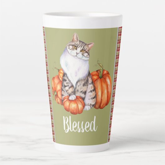 Tasse Latte Watercolor Chat et Citrouilles béni Thanksgiving (Devant)