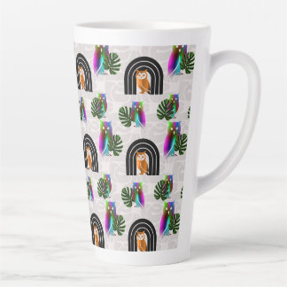 Tasse Latte Whimsical Boho Owl & Tropical Monstera Leaf