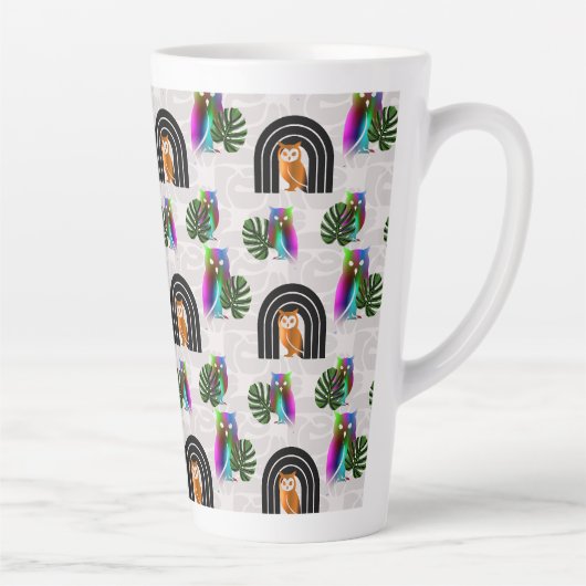 Tasse Latte Whimsical Boho Owl & Tropical Monstera Leaf (Droite)