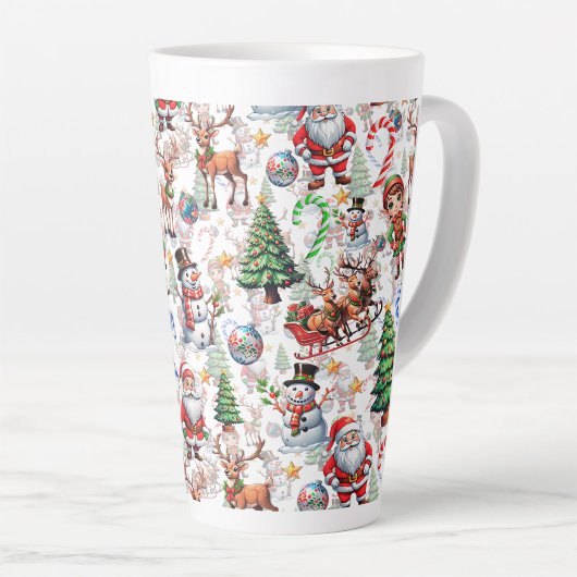 Tasse Latte White Background Christmas Decorative Pattern