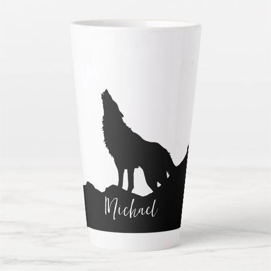Tasse Latte Wolf Pop Art Votre Nom Personnalisé Noir Blanc (Devant)