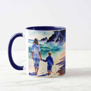 Tasse Maman et Fils se promenant à la plage