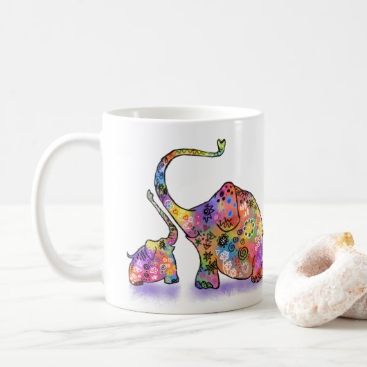 Tasse Mère et Bébé Éléphant Colorés (Avec donut)