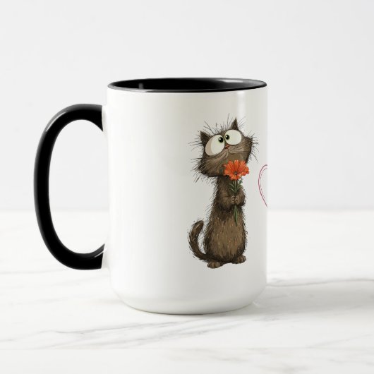 Tasse Mignon Chat Fluffy Tenant une Fleur Drôle Ca (Gauche)