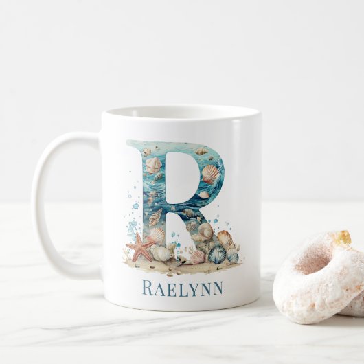 Tasse Monogramme Personnalisé R Initiale de la Côt (Avec donut)