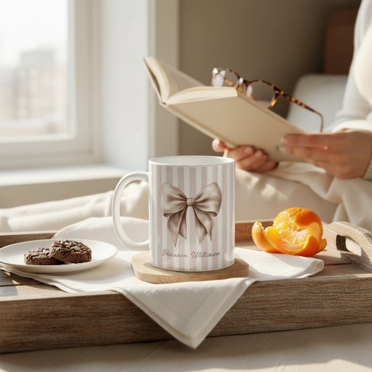 Tasse Nom Ruban Élégant Beige Rayures
