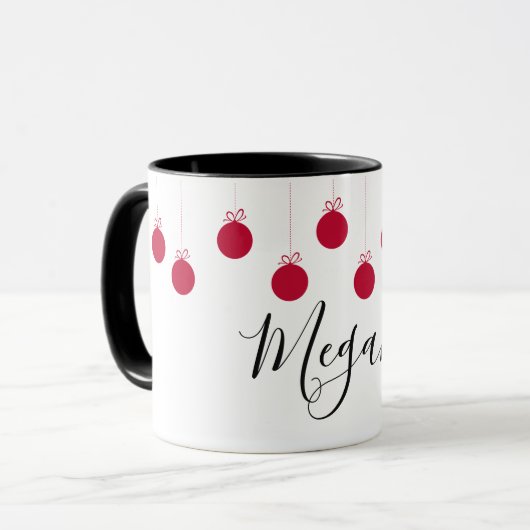 Tasse nommée blanche rouge d'ornements de boules (Devant gauche)