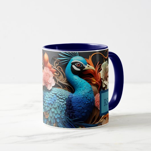 Tasse Paon Monogramme Personnalisé Éblouissant (Devant droit)