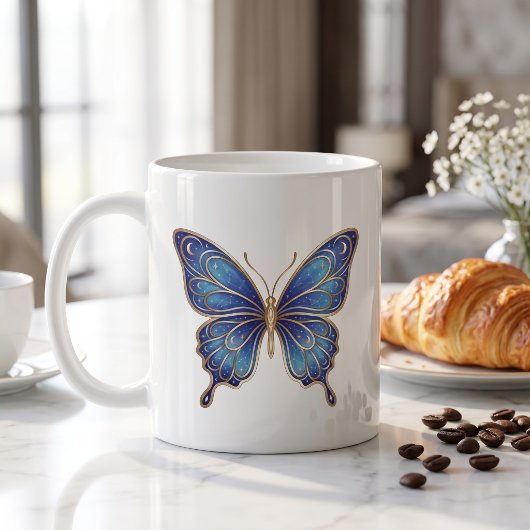 Tasse Papillon Céleste Or Bleu Dessin au Trait